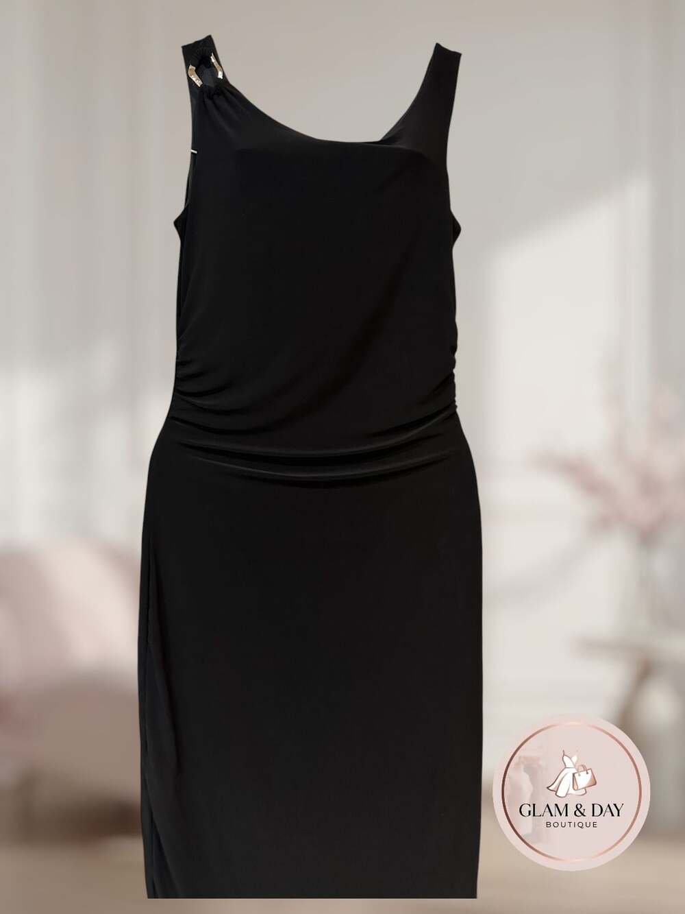 Saints 21 Women's Black Sleeveless Ruched Midi Dress with Gold-Tone Ring Detail